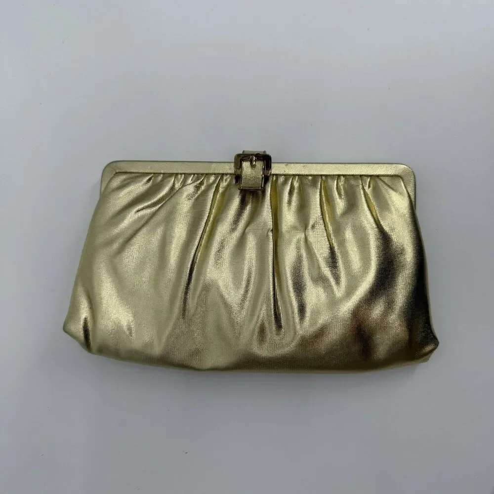 Vintage Unbranded Gold Metallic Shiny Clutch Bag Evening Formal Buckle Satin
